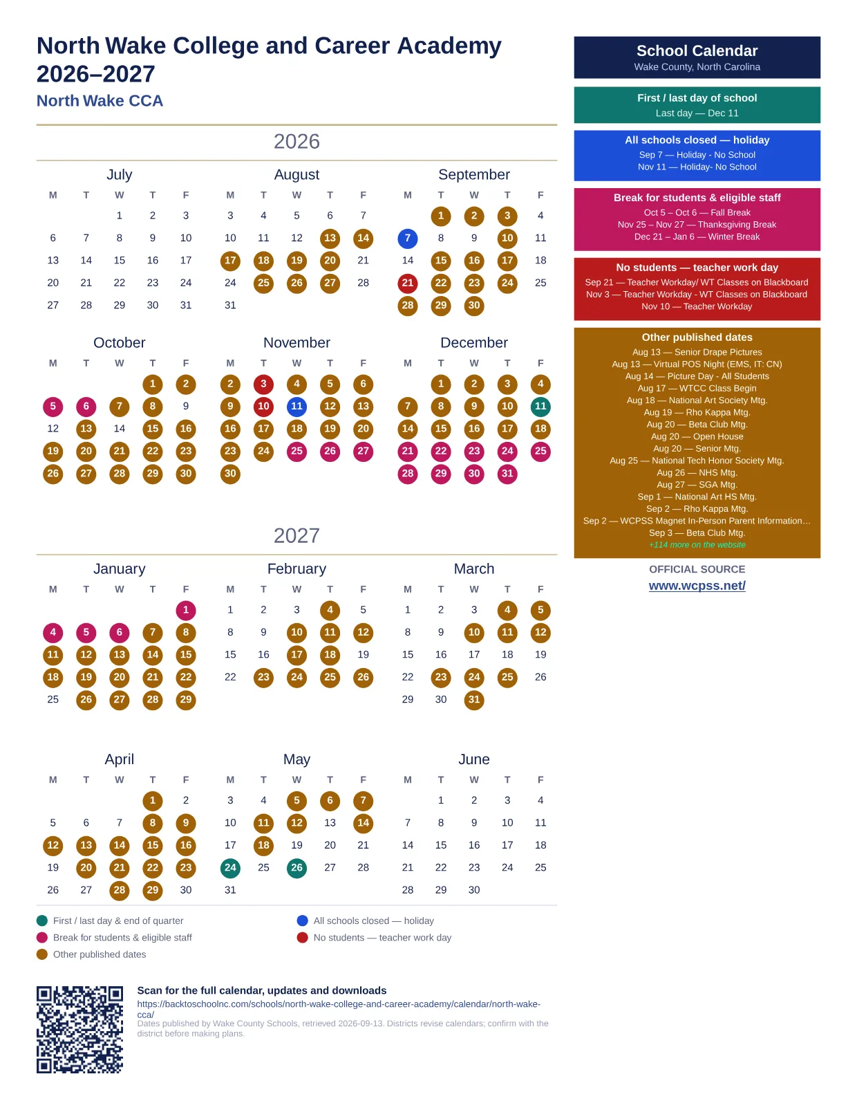 North Wake College and Career Academy  printable calendar