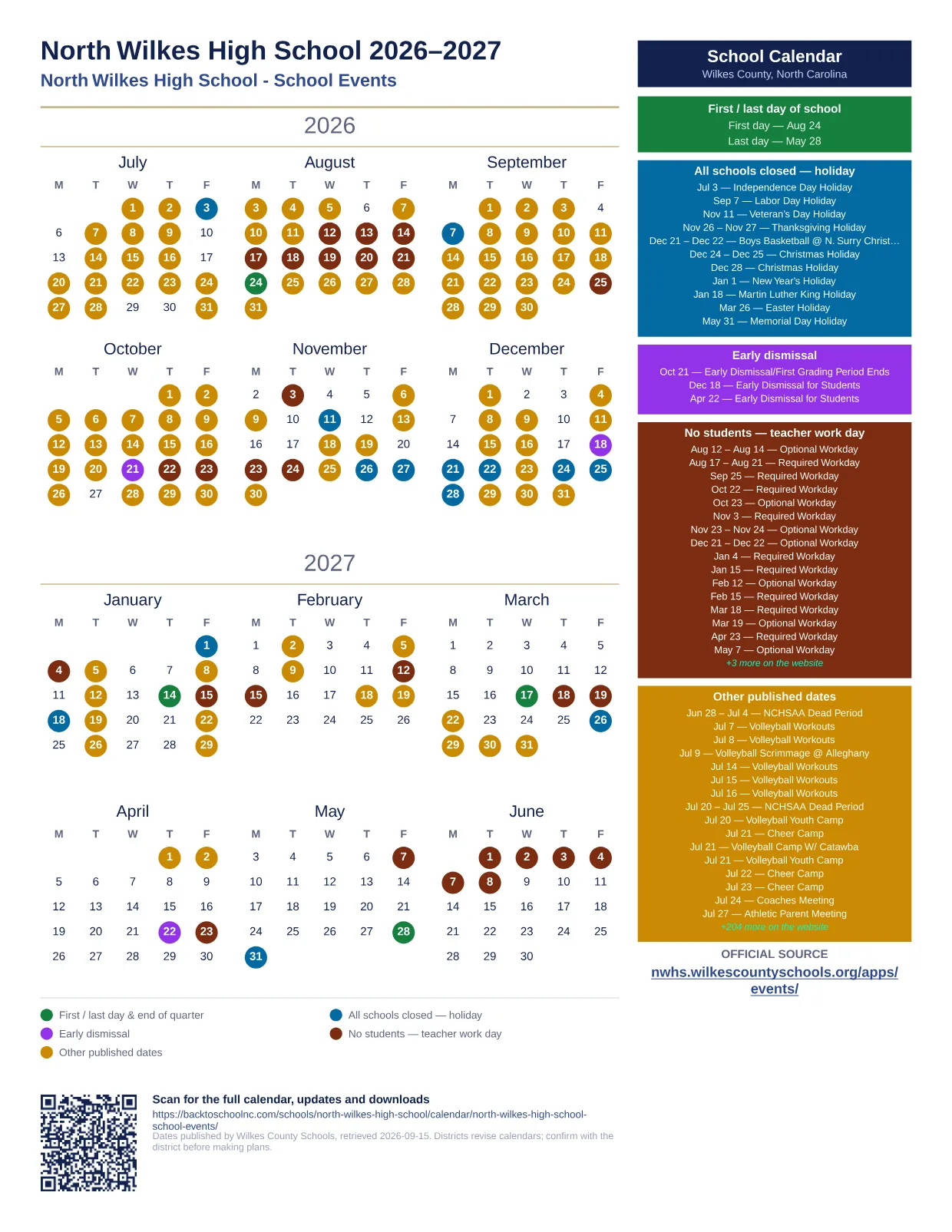 North Wilkes High School 2026–2027 printable calendar
