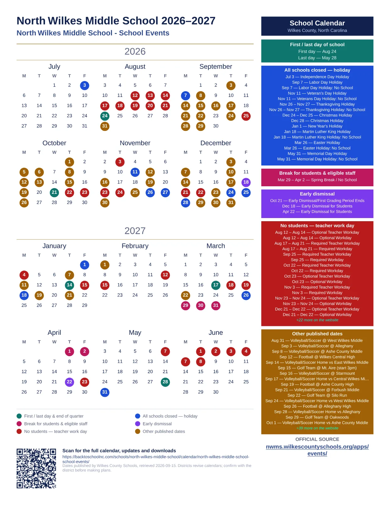 North Wilkes Middle School 2026–2027 printable calendar