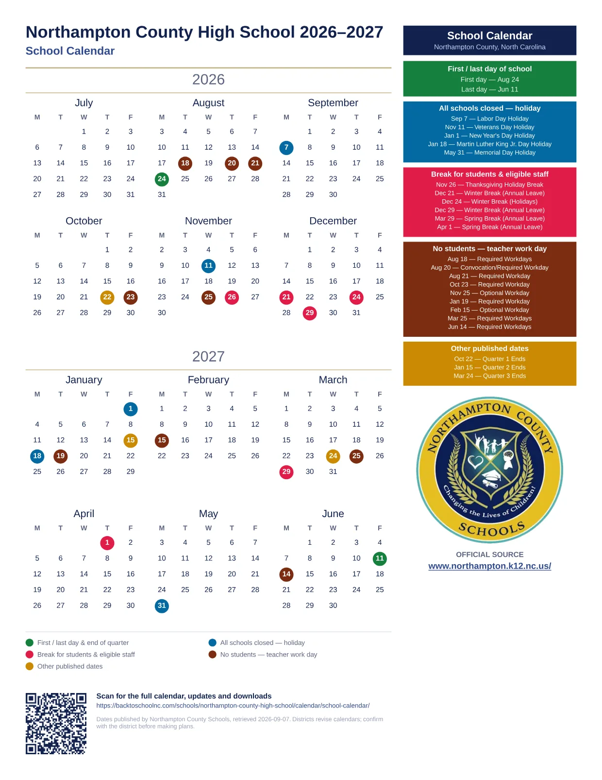 Northampton County High School 2026–2027 printable calendar
