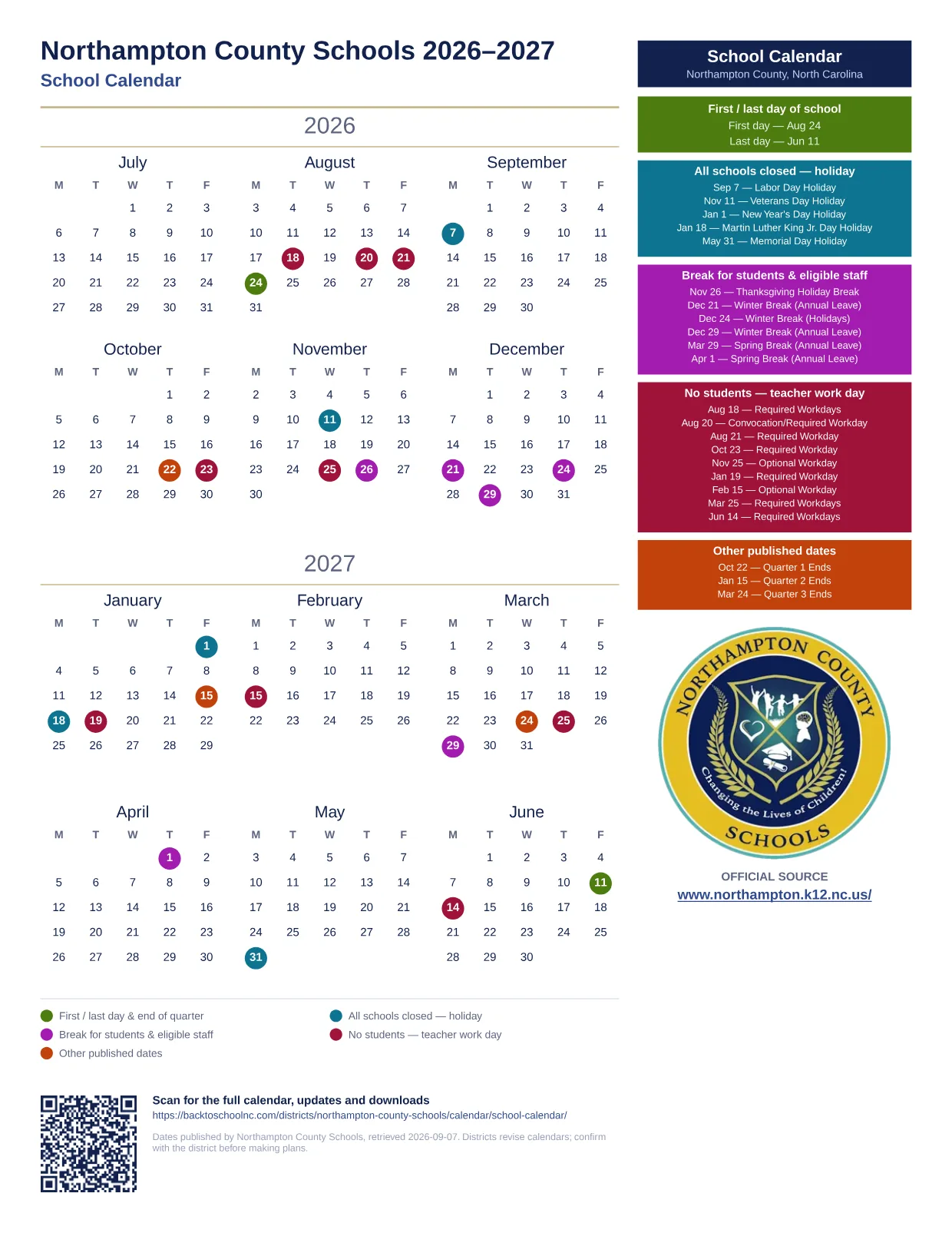 Northampton County Schools School Calendar 2026–2027 printable calendar