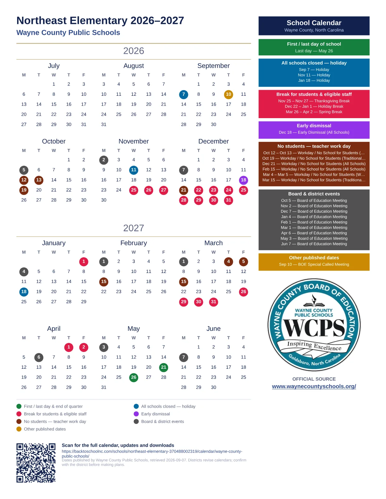 Northeast Elementary  printable calendar