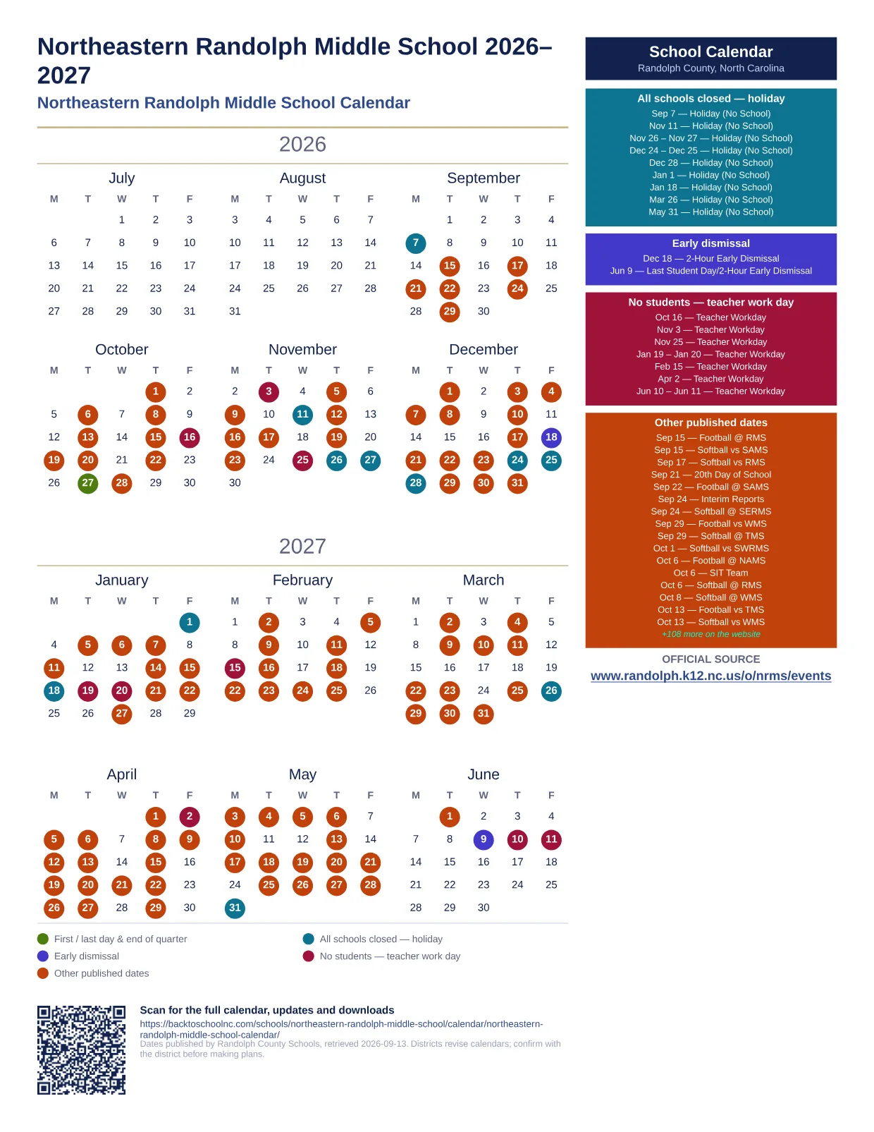 Northeastern Randolph Middle School  printable calendar