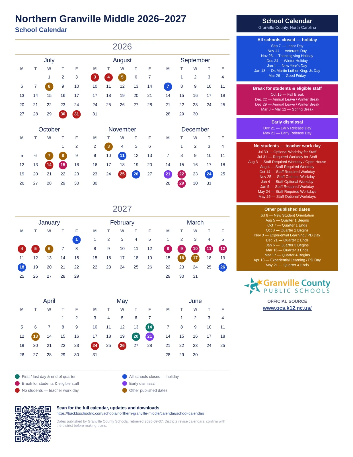 Northern Granville Middle printable calendar