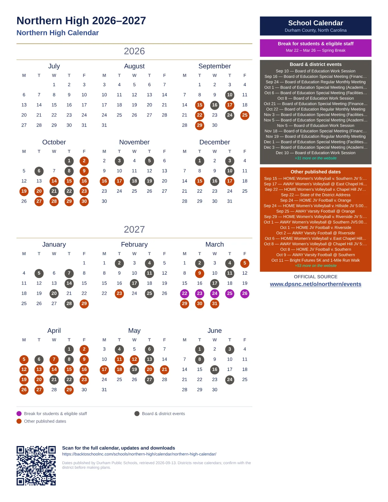 Northern High  printable calendar