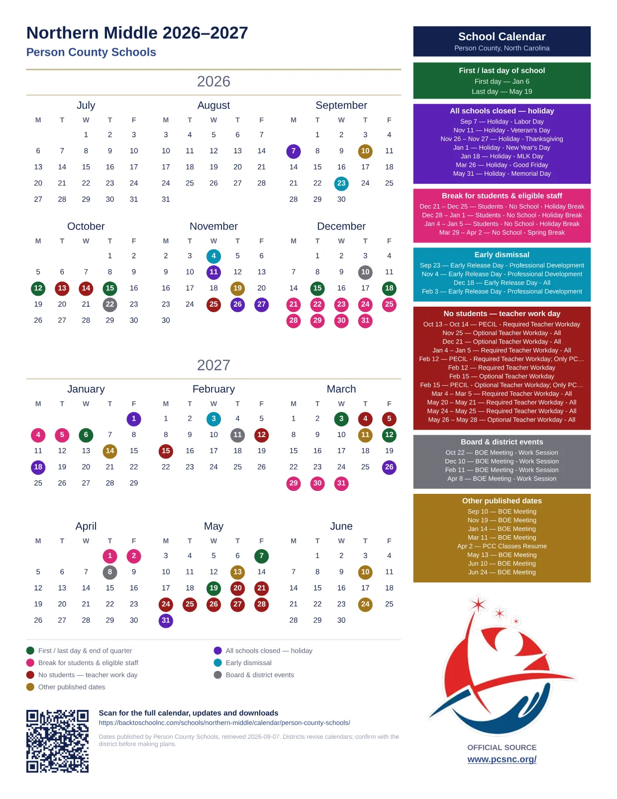 Northern Middle 2027–2028 printable calendar