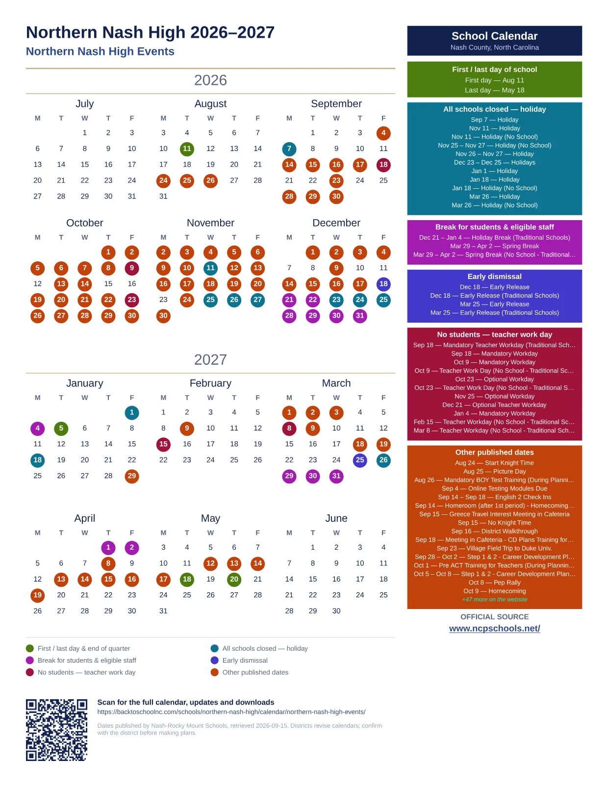 Northern Nash High 2026–2027 printable calendar