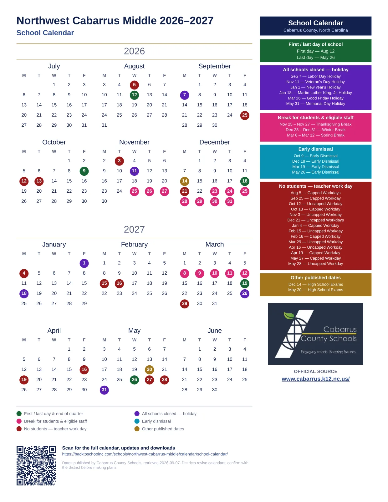 Northwest Cabarrus Middle 2026–2027 printable calendar