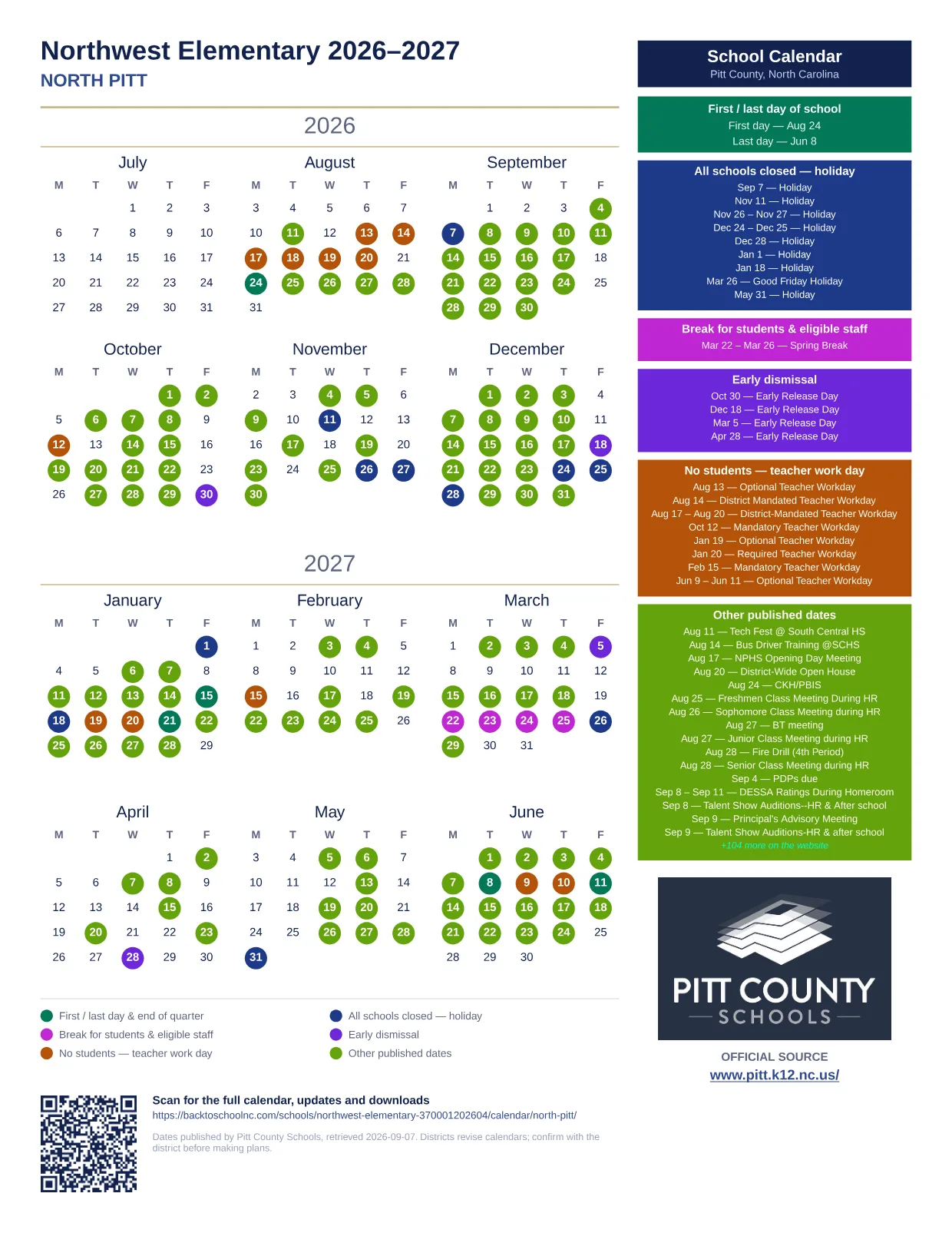 Northwest Elementary 2026–2027 printable calendar