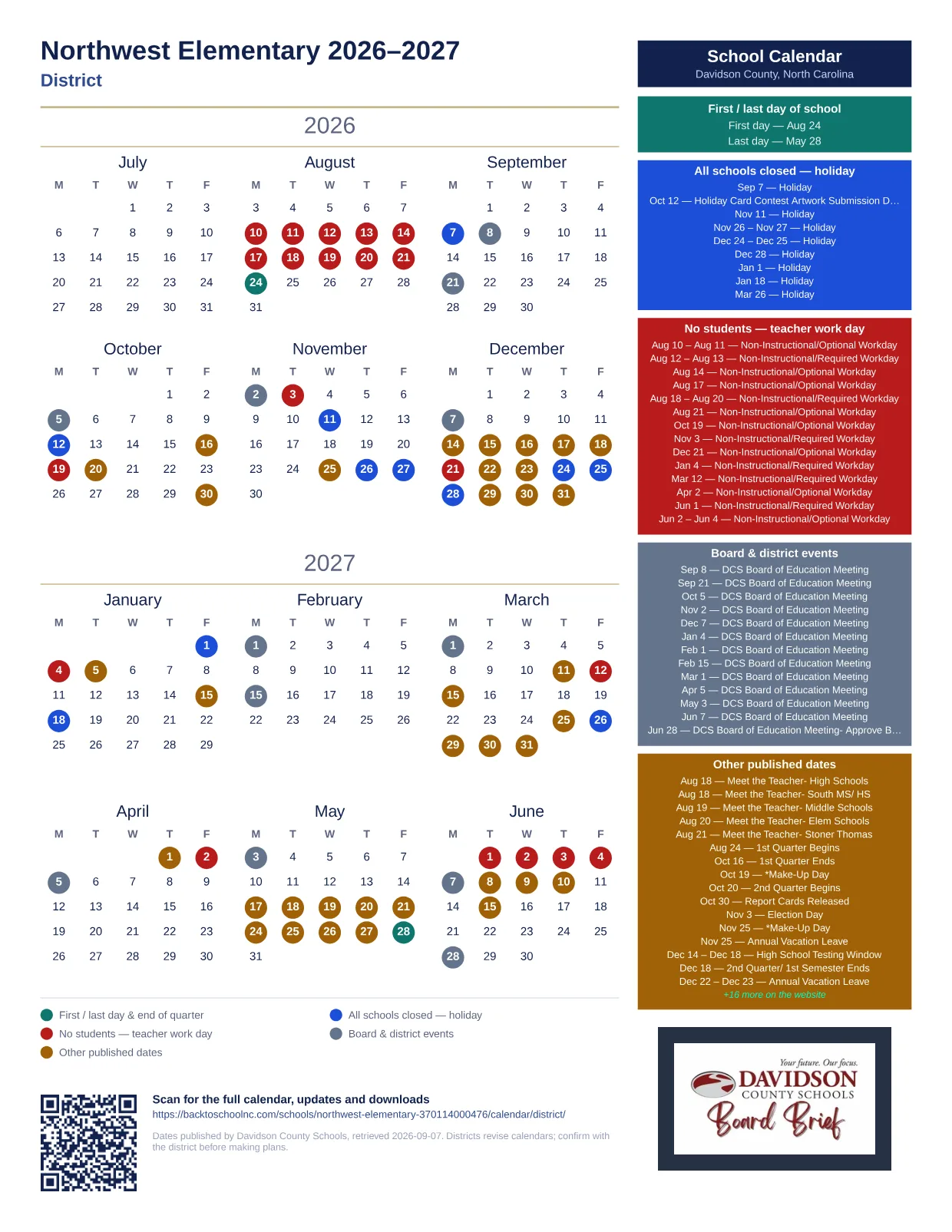Northwest Elementary 2026–2027 printable calendar