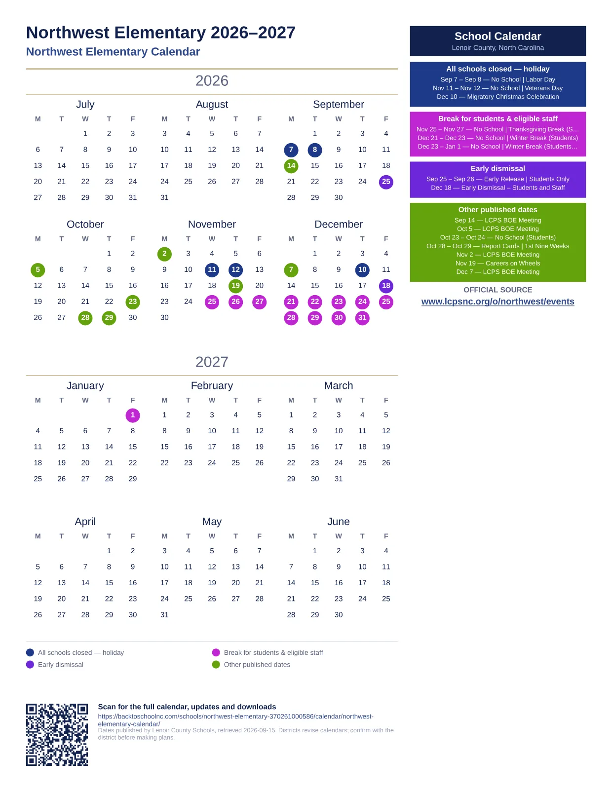 Northwest Elementary  printable calendar