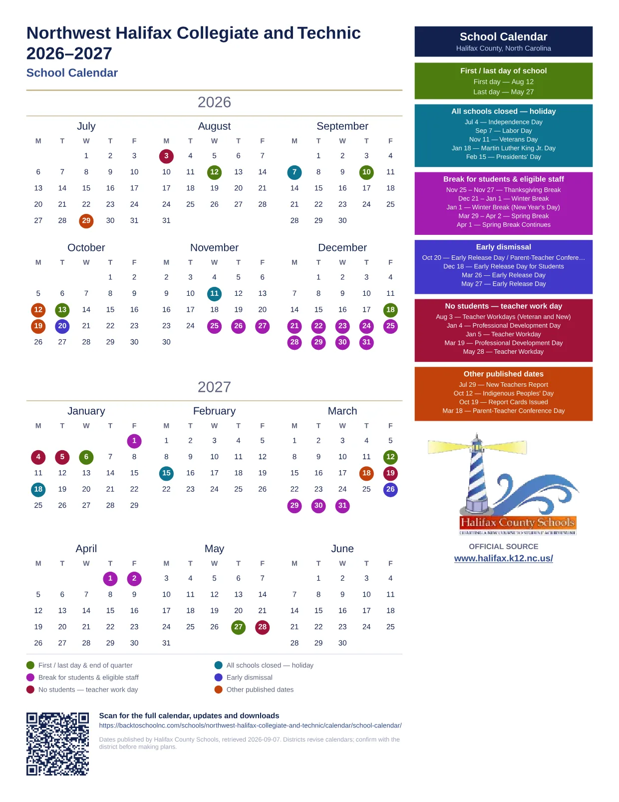 Northwest Halifax Collegiate and Technic 2026–2027 printable calendar