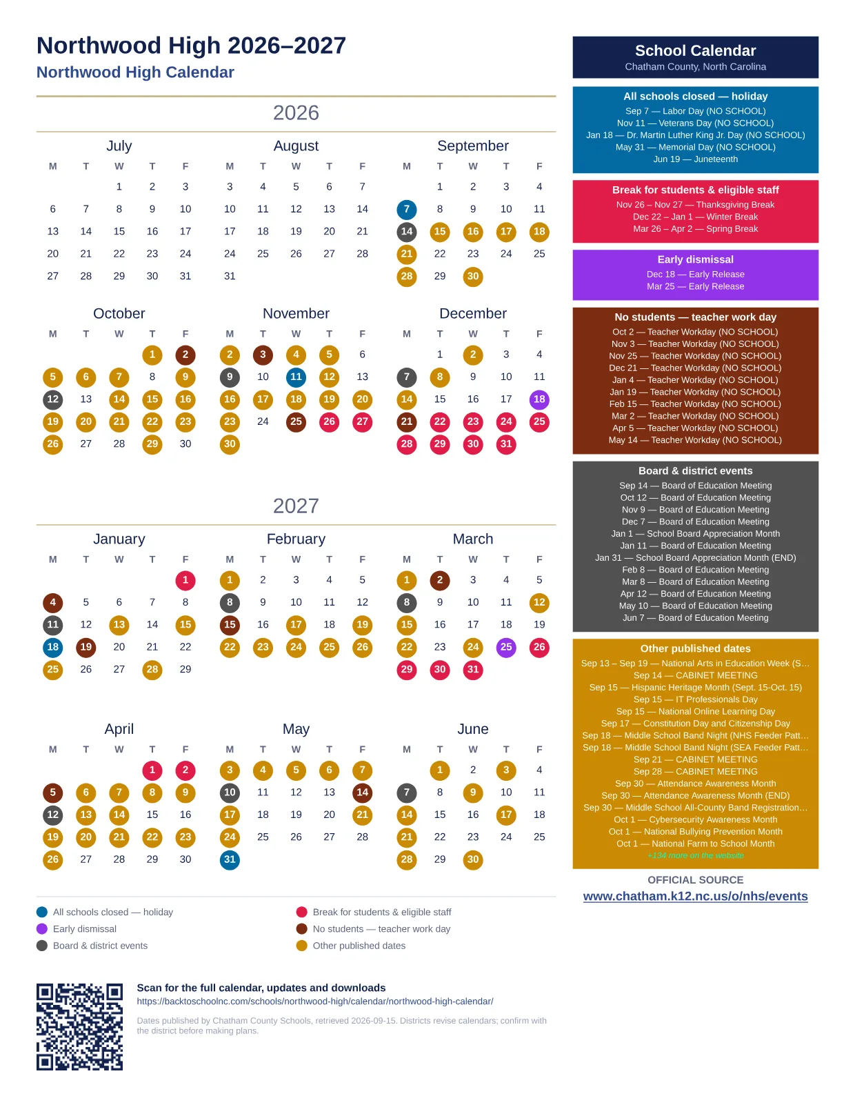 Northwood High  printable calendar