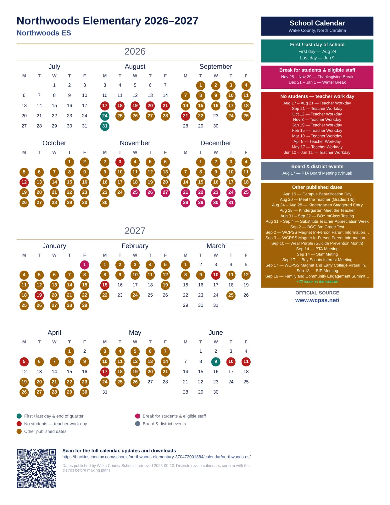 Northwoods Elementary 2026–2027 printable calendar