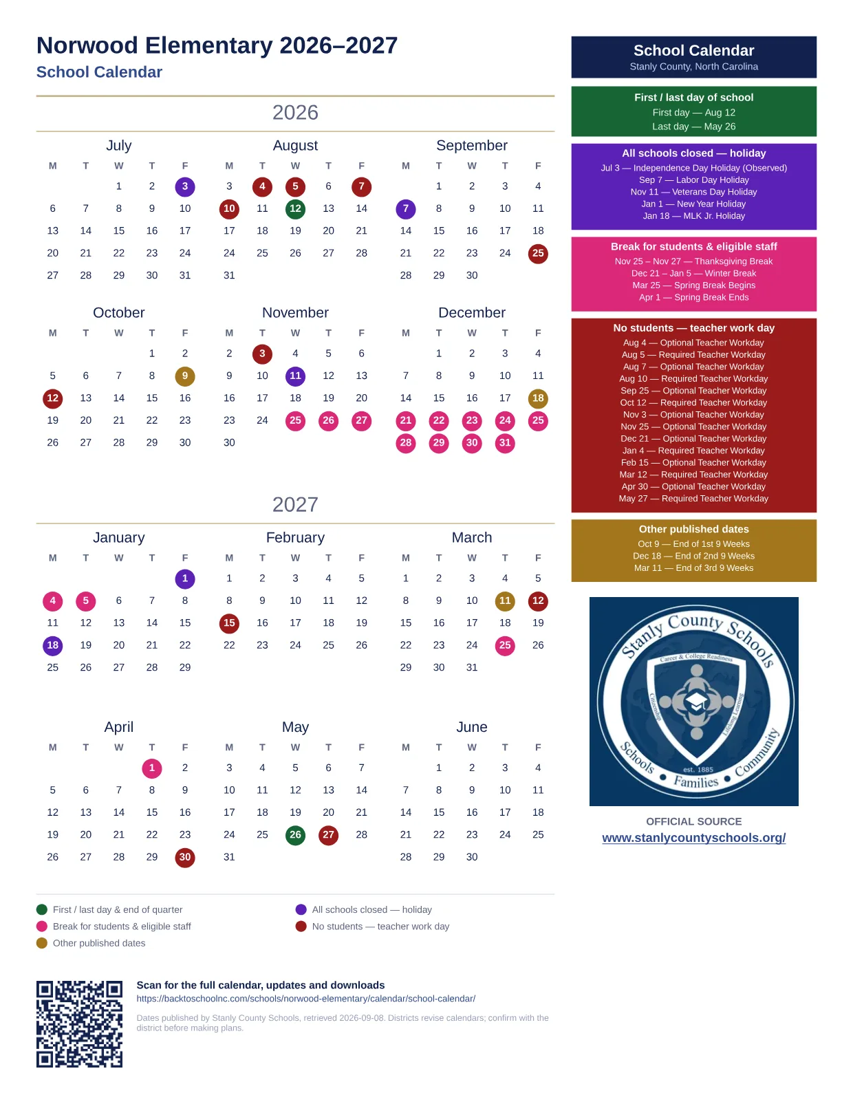 Norwood Elementary 2026–2027 printable calendar