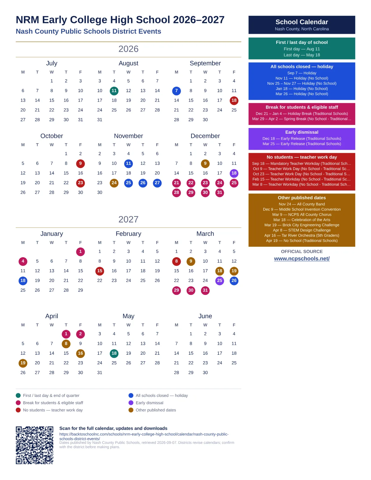 NRM Early College High School 2026–2027 printable calendar