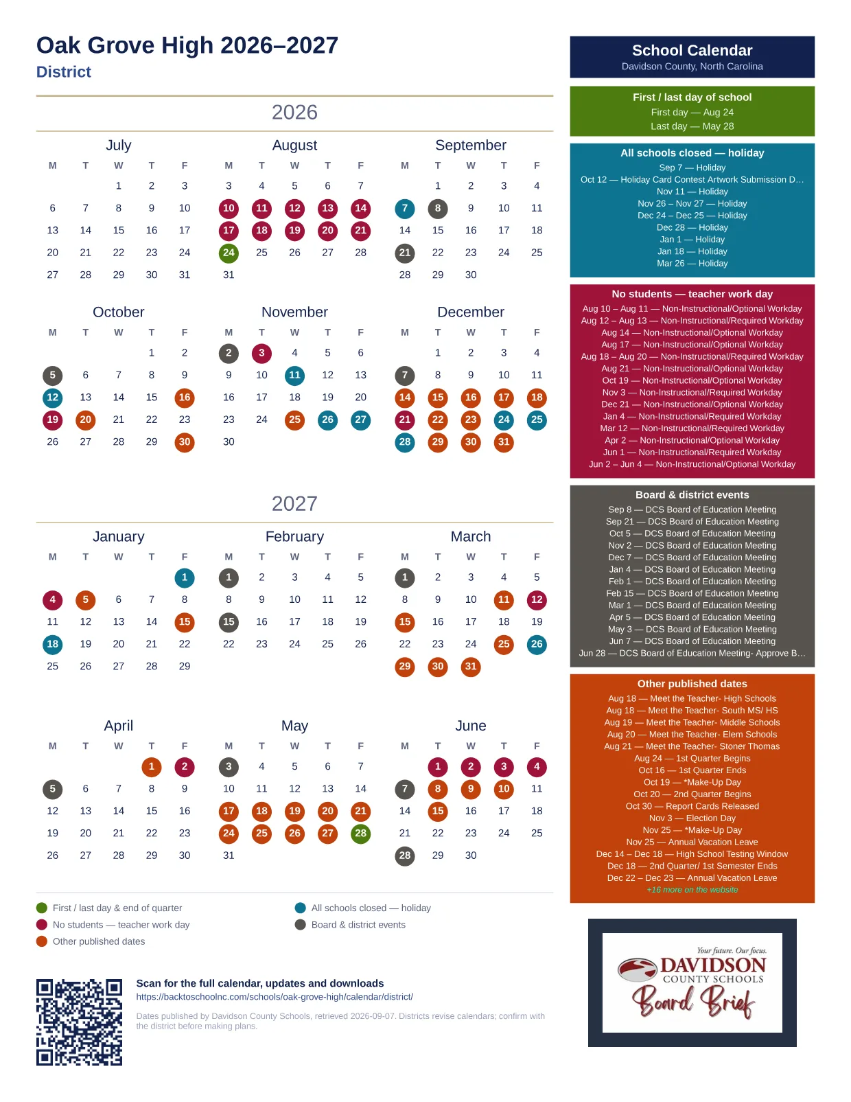 Oak Grove High 2026–2027 printable calendar