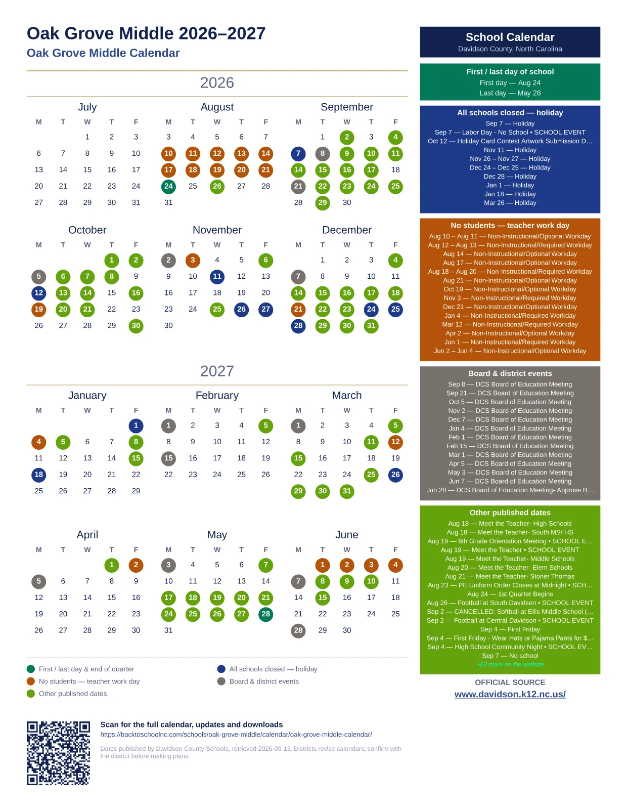Oak Grove Middle 2026–2027 printable calendar