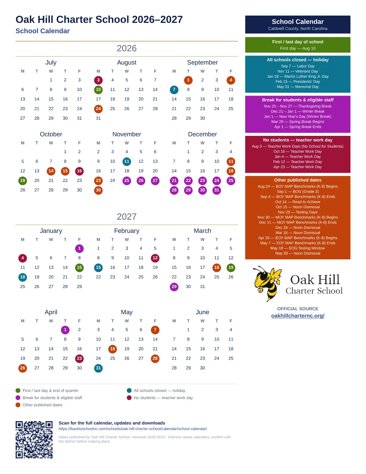 Oak Hill Charter School School Calendar 2026–2027 printable calendar