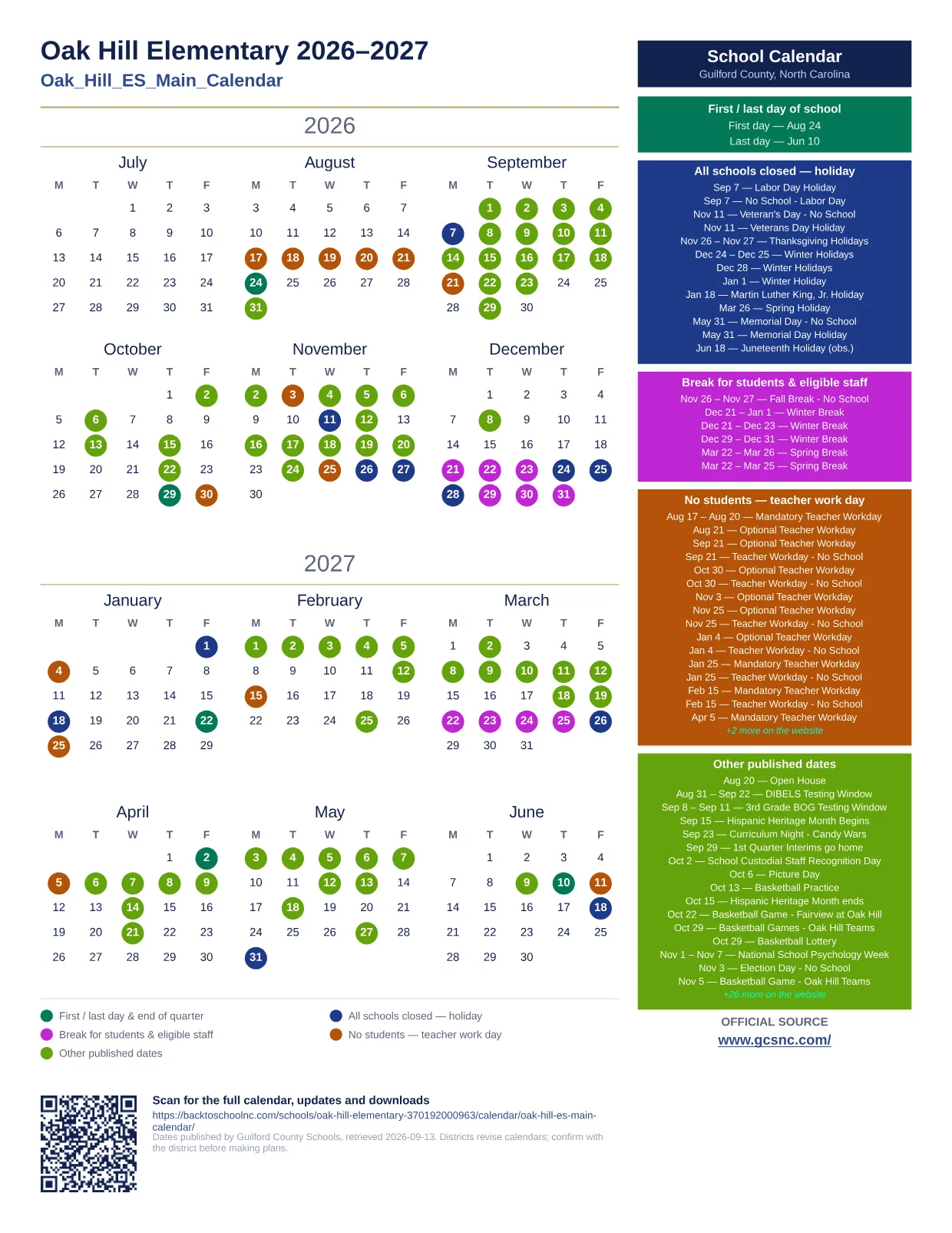 Oak Hill Elementary 2026–2027 printable calendar