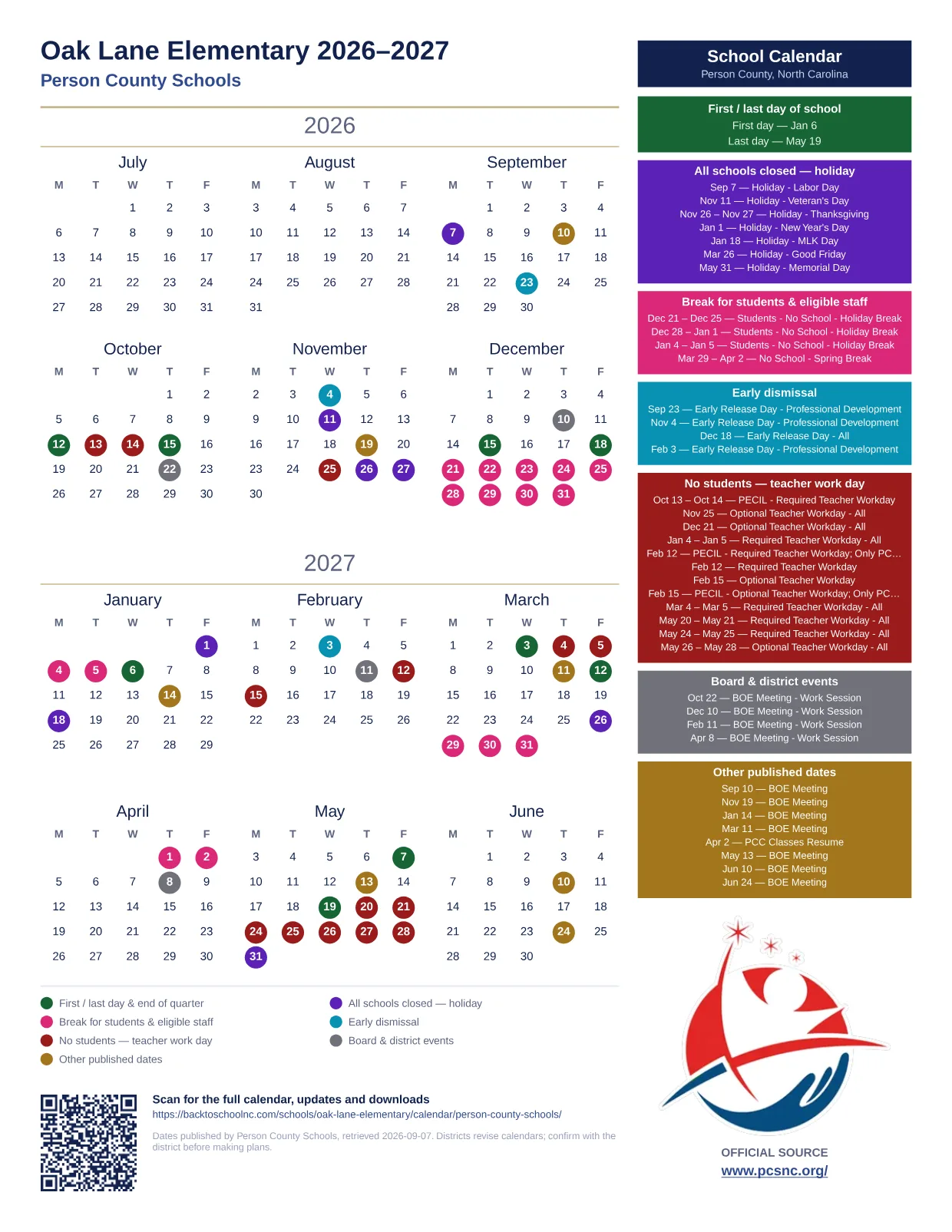 Oak Lane Elementary 2027–2028 printable calendar