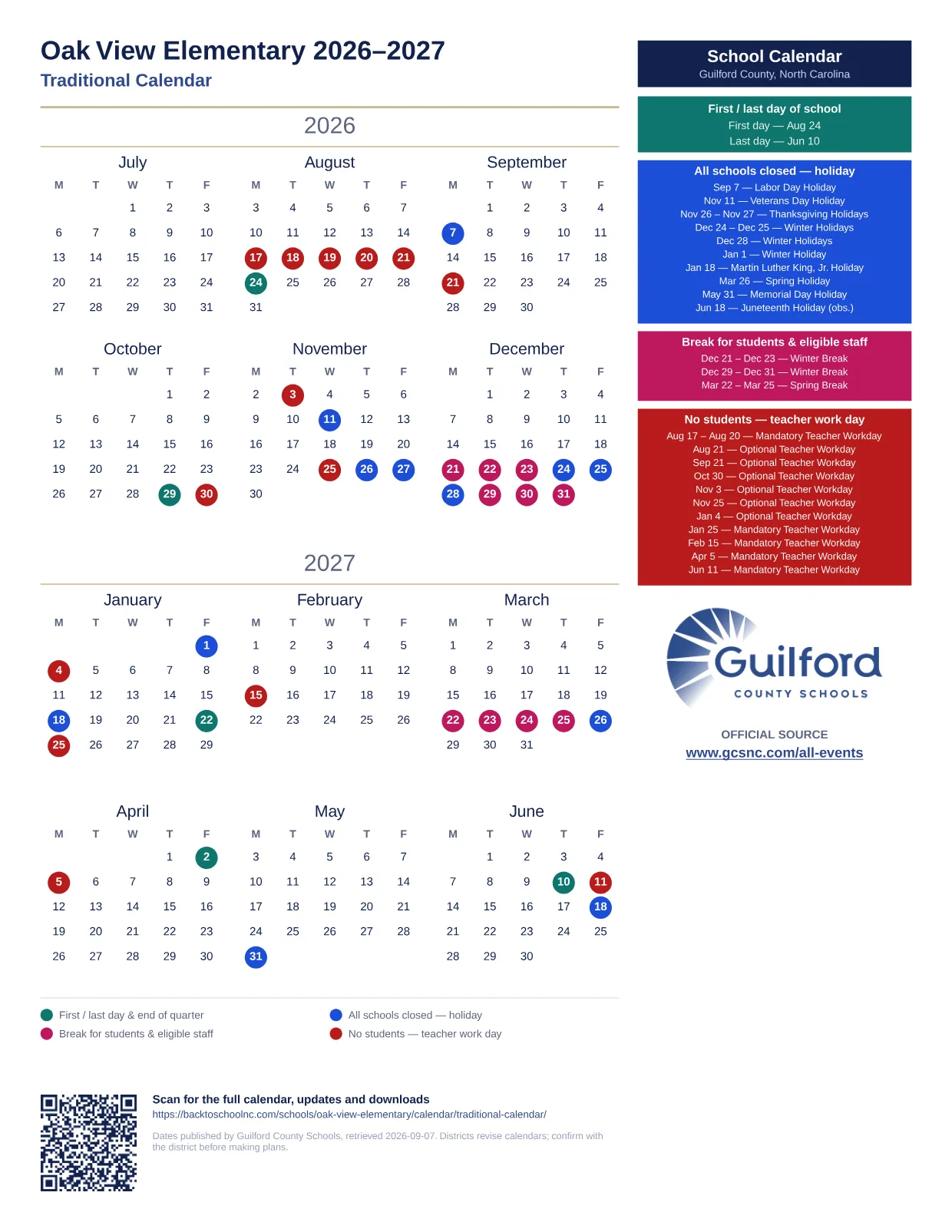 Oak View Elementary 2026–2027 printable calendar