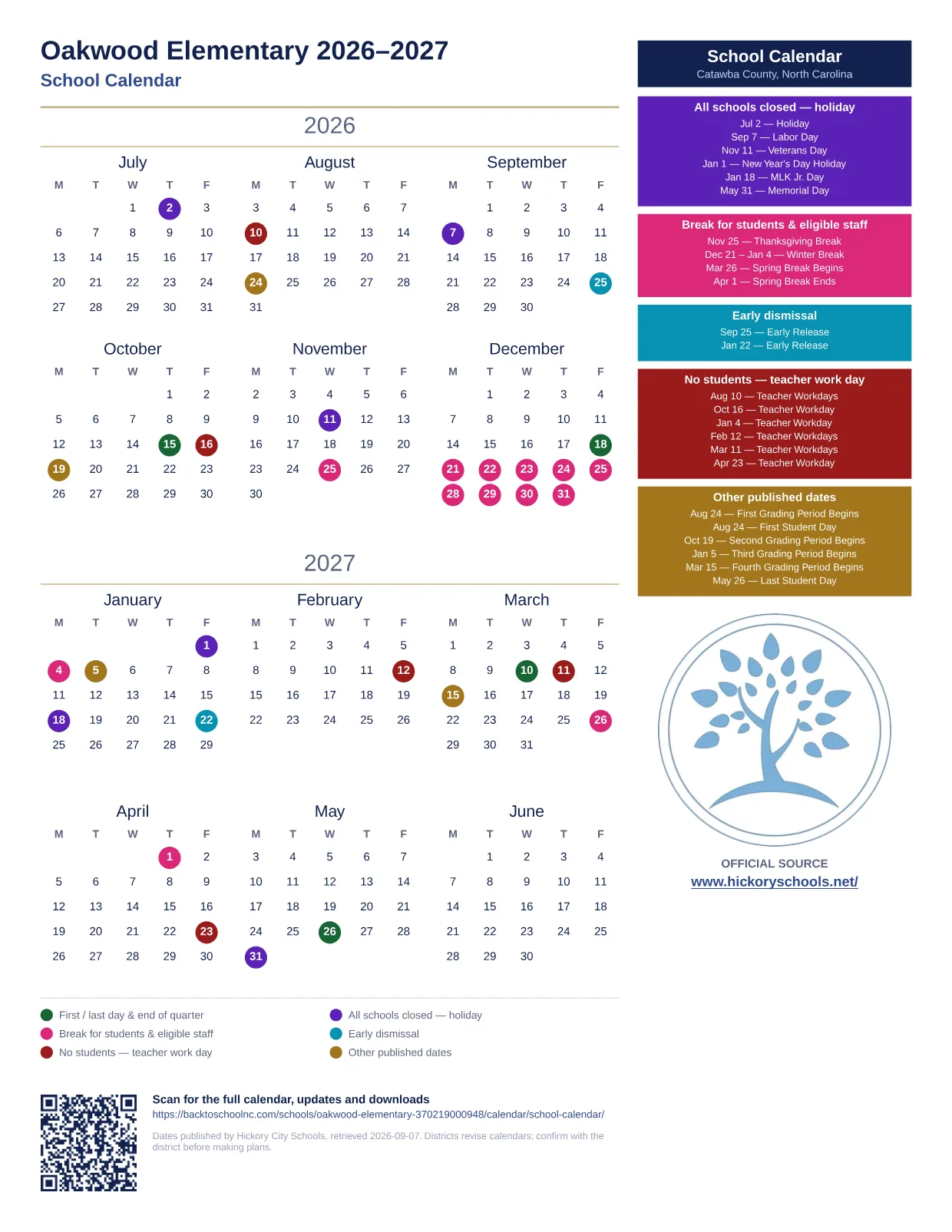 Oakwood Elementary printable calendar