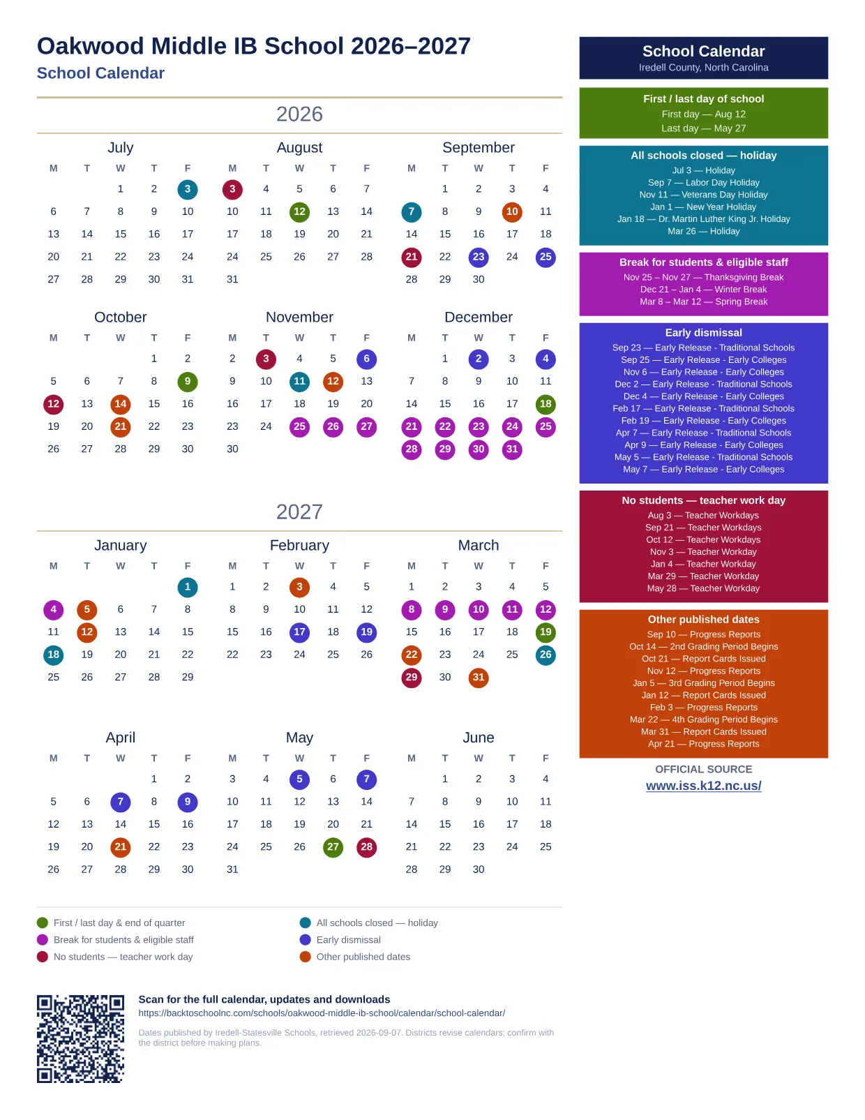 Oakwood Middle IB School 2026–2027 printable calendar