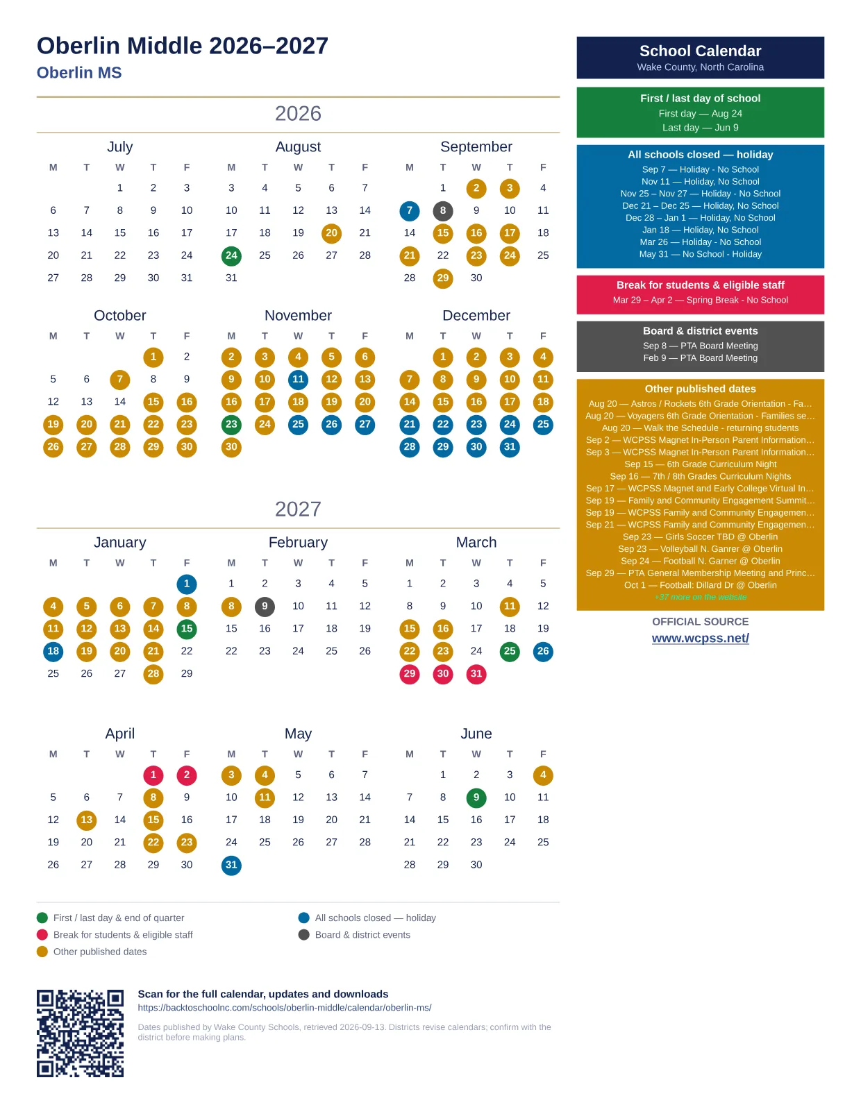 Oberlin Middle 2026–2027 printable calendar