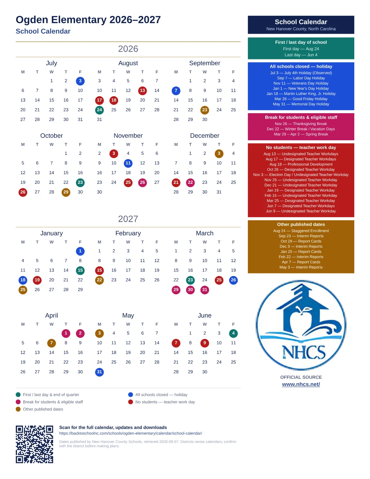 Ogden Elementary 2026–2027 printable calendar