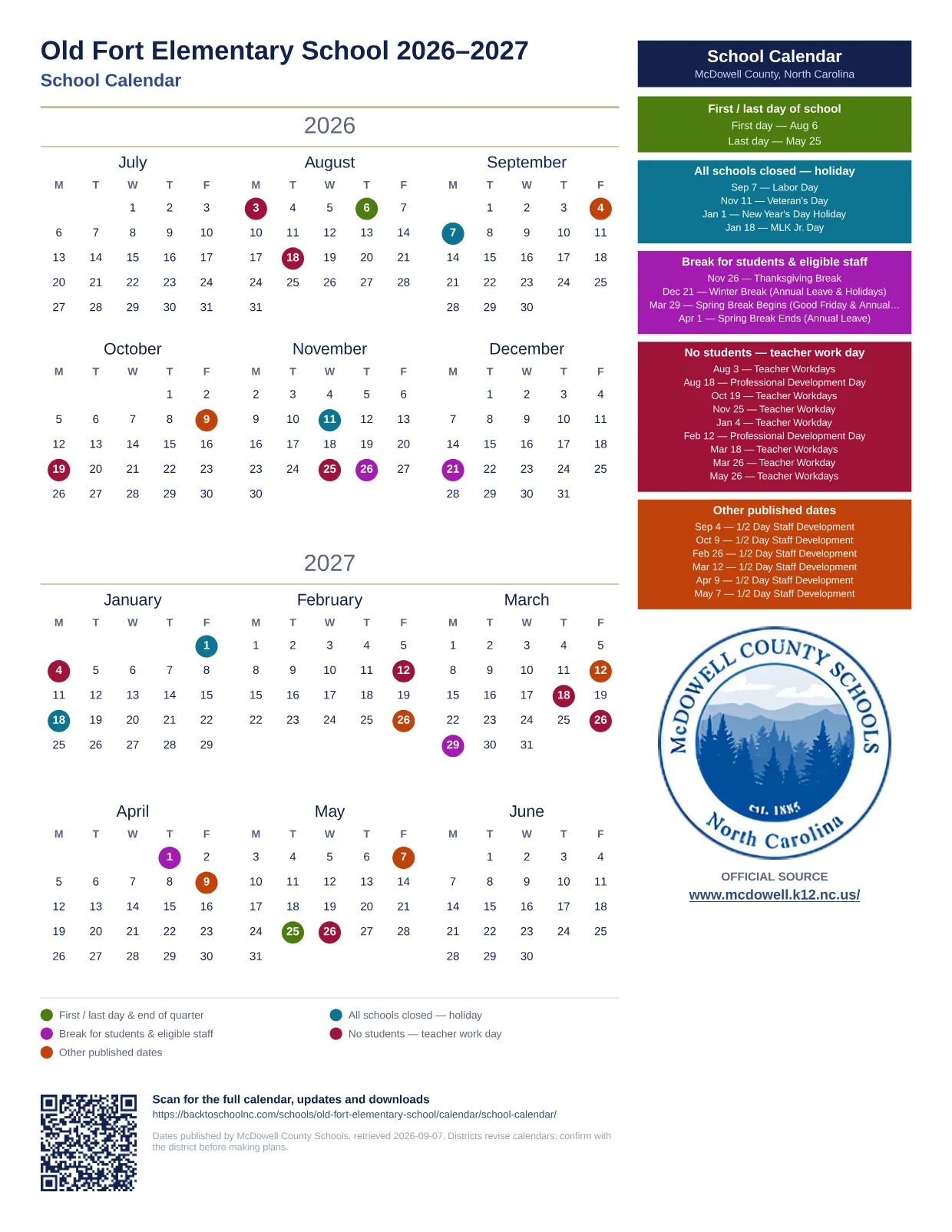 Old Fort Elementary School 2026–2027 printable calendar
