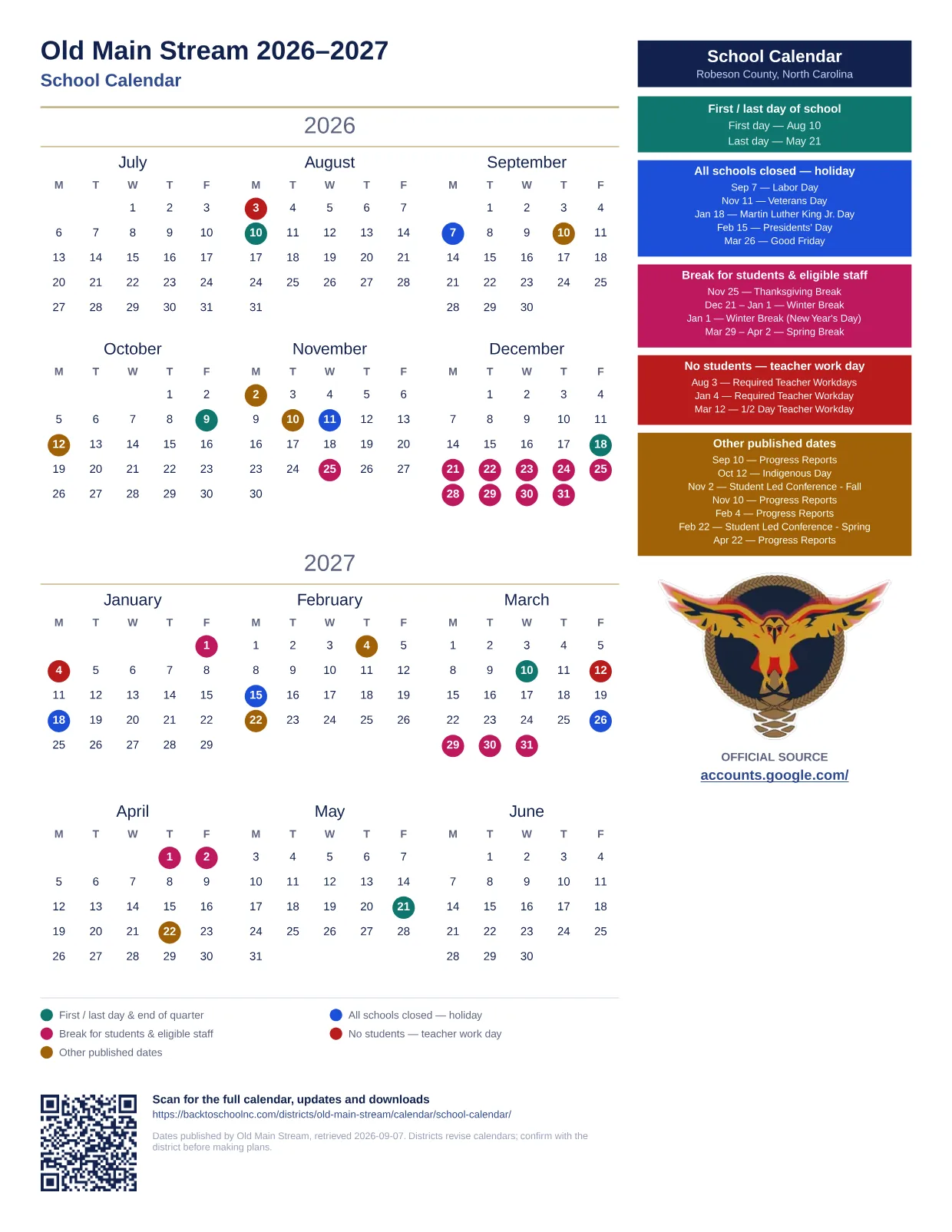 Old Main Stream School Calendar 2026–2027 printable calendar