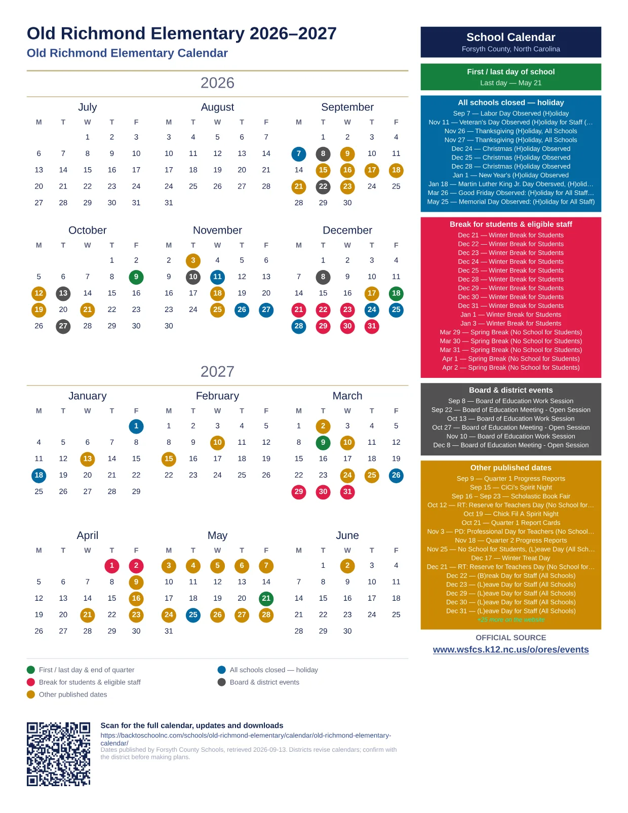 Old Richmond Elementary  printable calendar