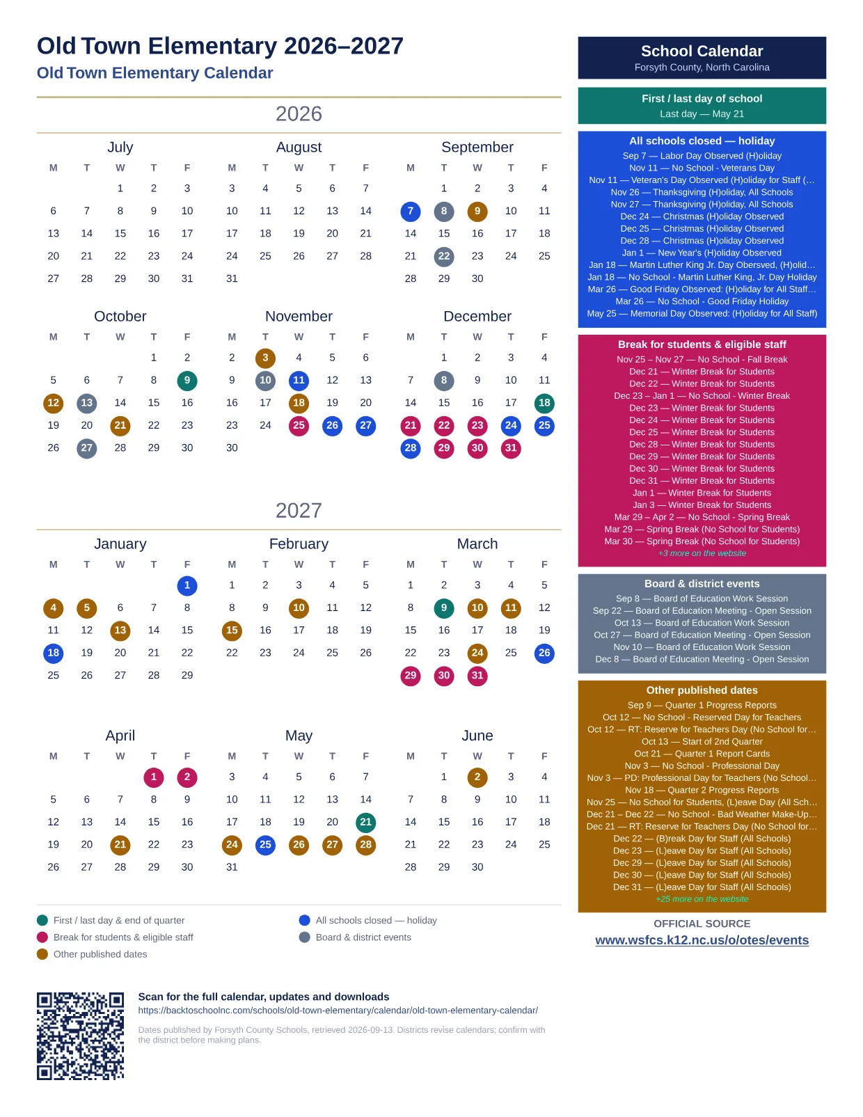 Old Town Elementary printable calendar