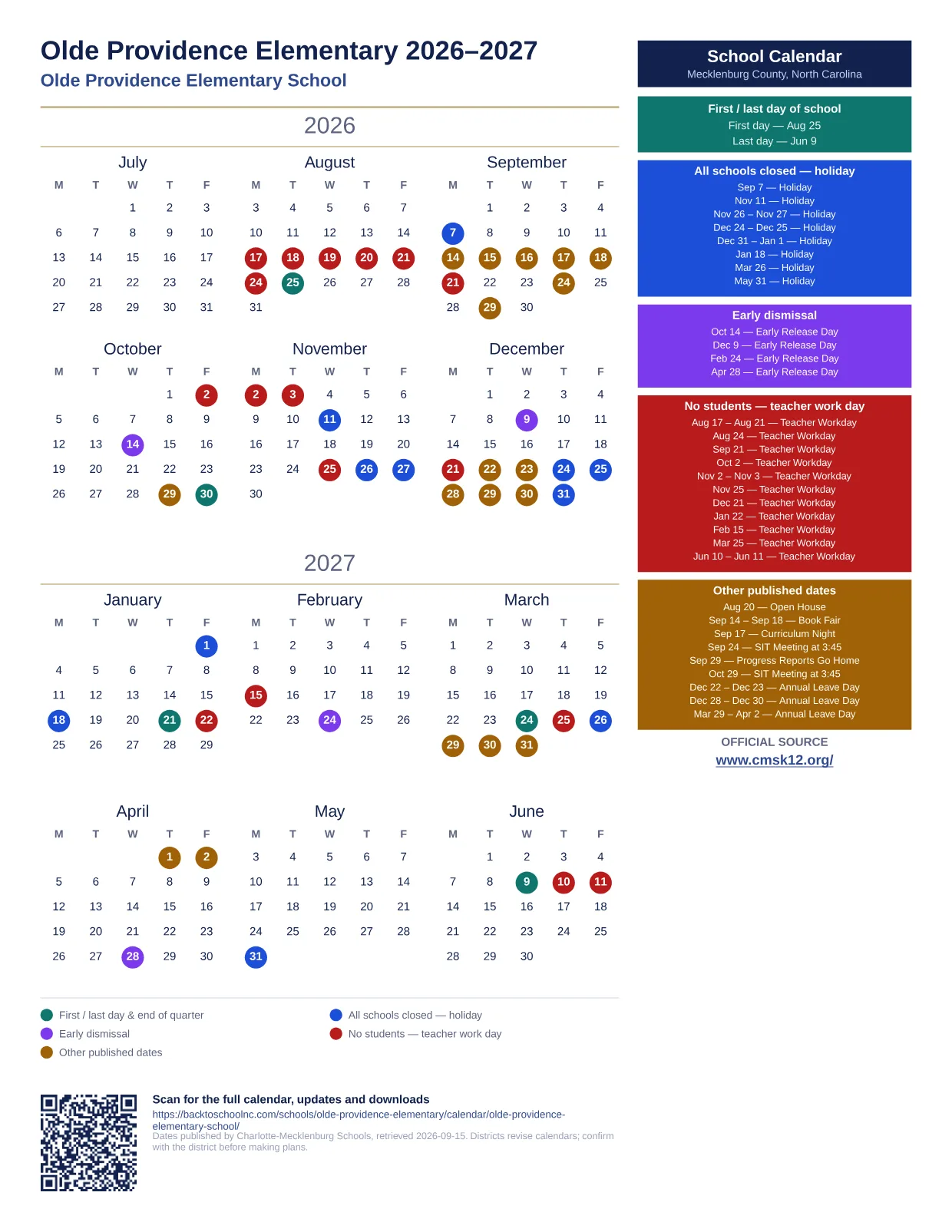 Olde Providence Elementary 2026–2027 printable calendar