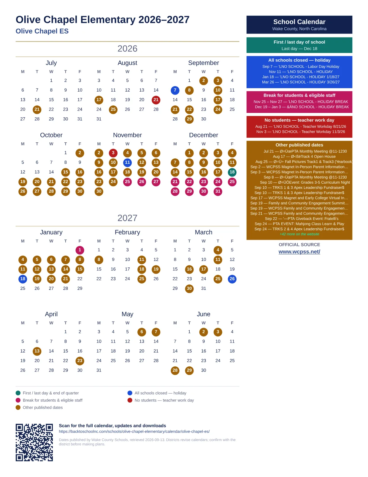Olive Chapel Elementary  printable calendar