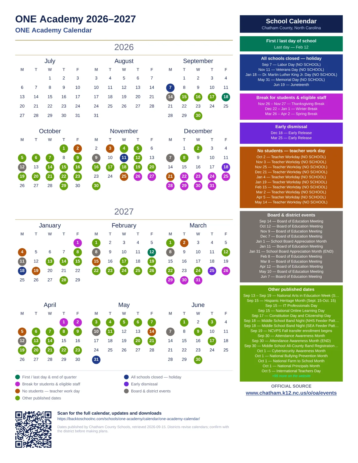 ONE Academy  printable calendar