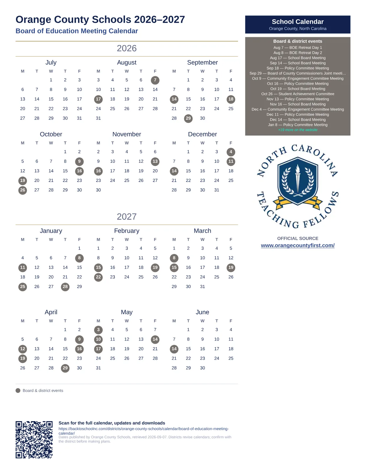 Orange County Schools Board of Education Meeting Calendar  printable calendar