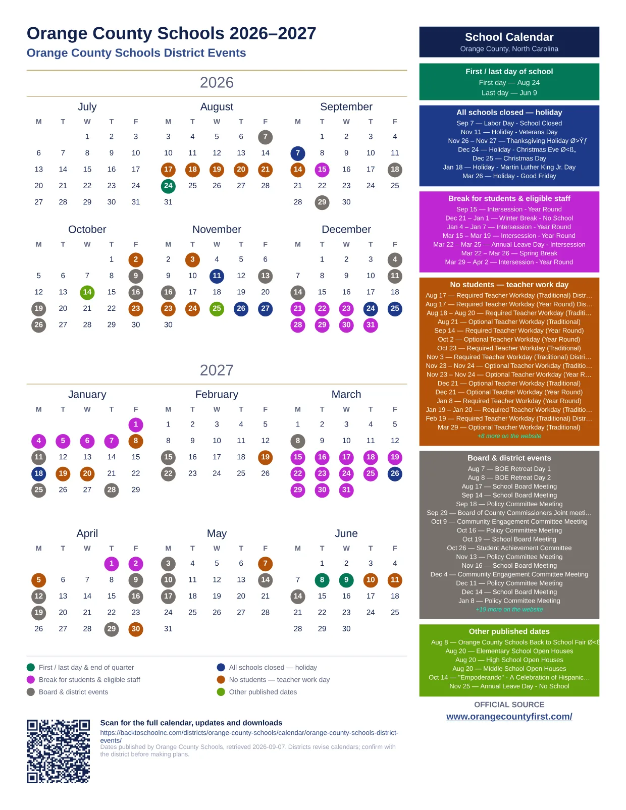 Orange County Schools Orange County Schools District Events 2026–2027 printable calendar