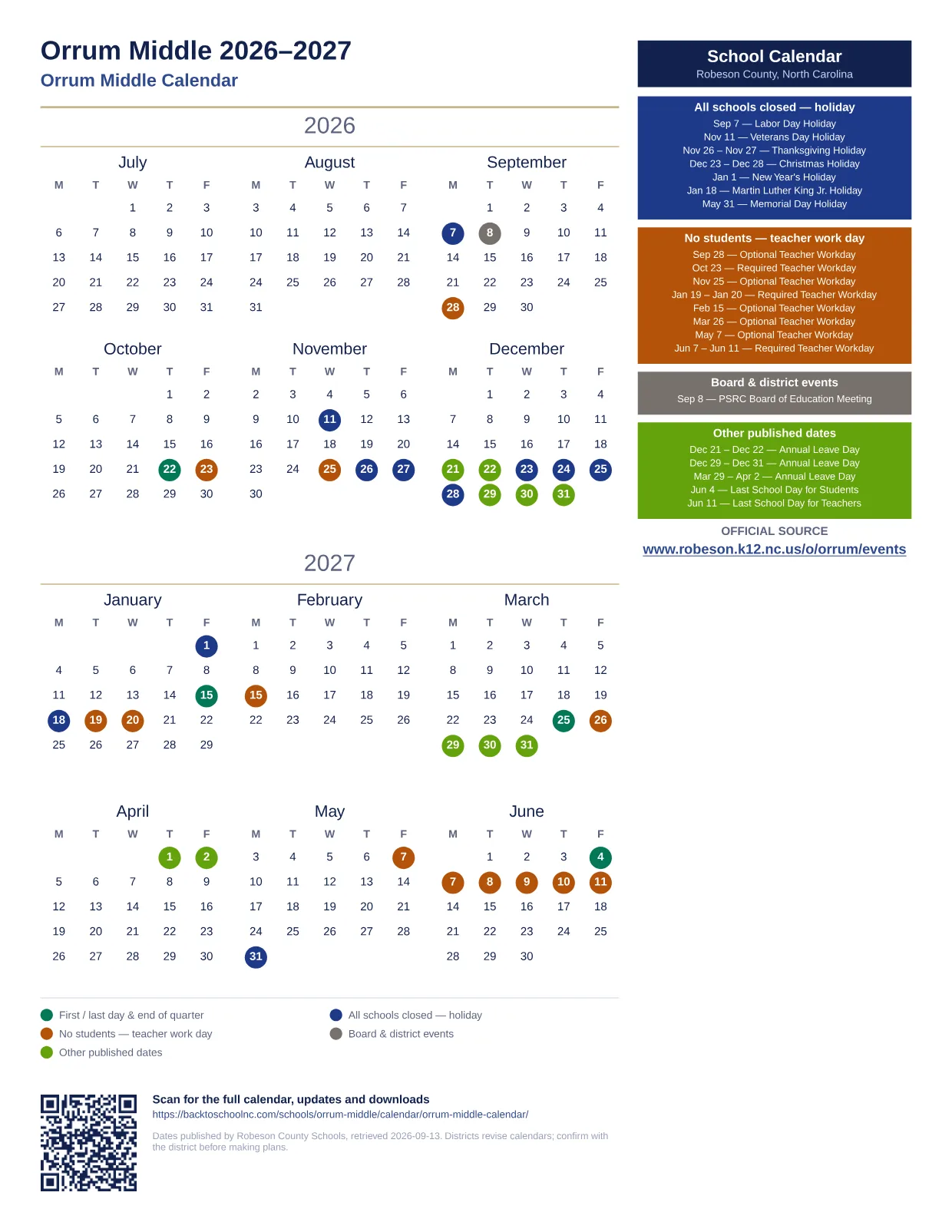 Orrum Middle printable calendar