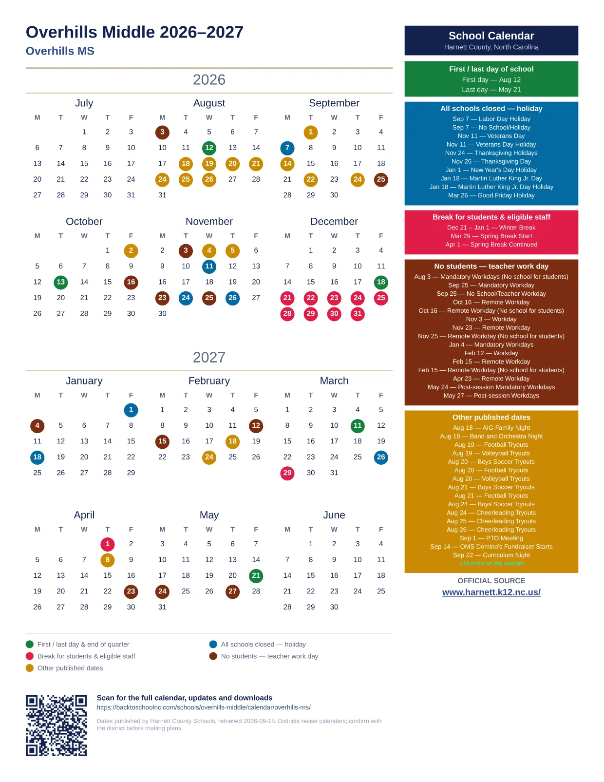 Overhills Middle 2026–2027 printable calendar
