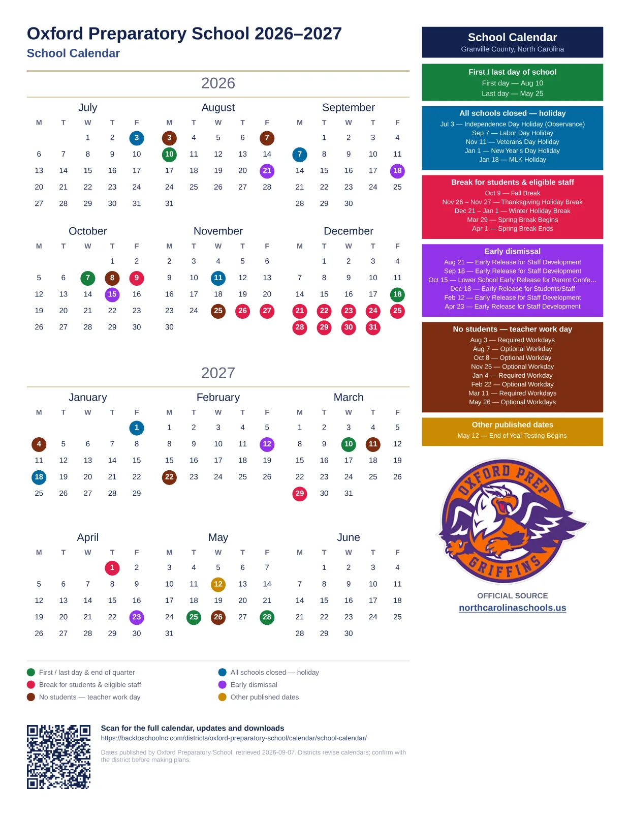 Oxford Preparatory School School Calendar 2026–2027 printable calendar