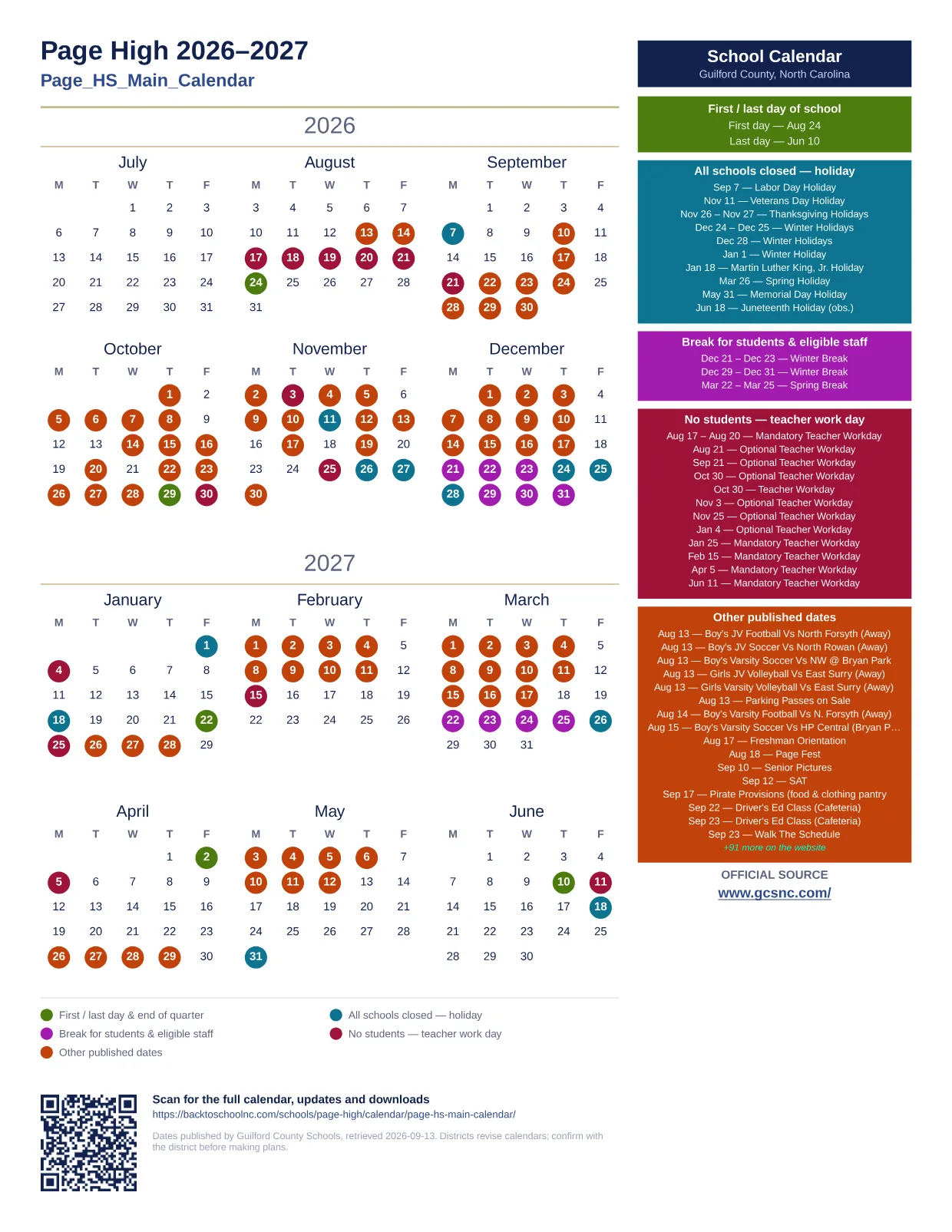 Page High 2026–2027 printable calendar