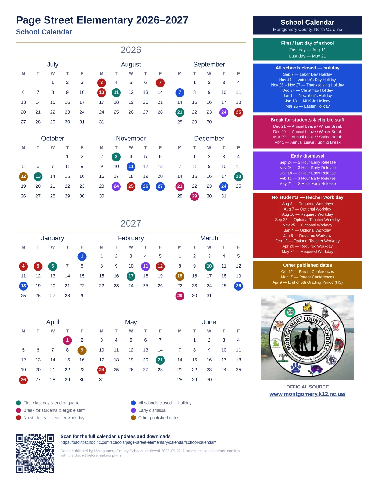 Page Street Elementary 2026–2027 printable calendar