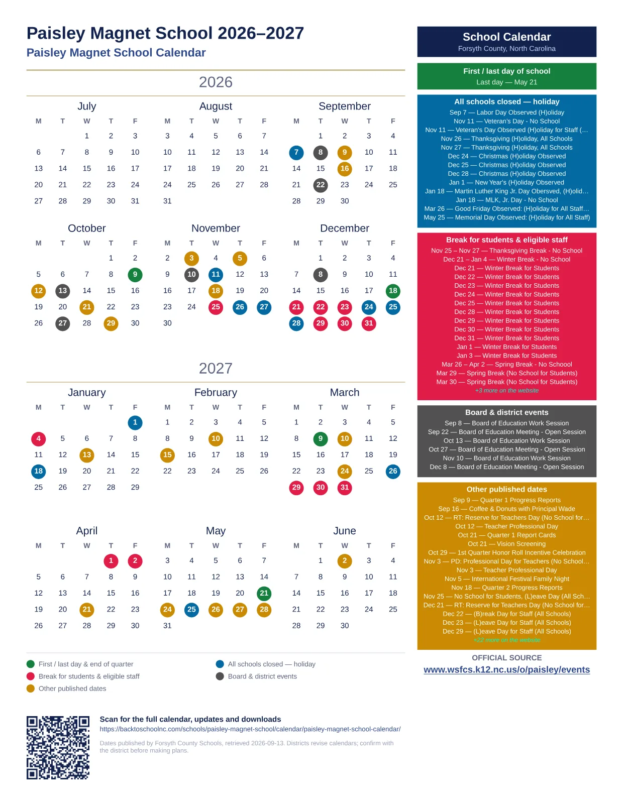 Paisley Magnet School  printable calendar