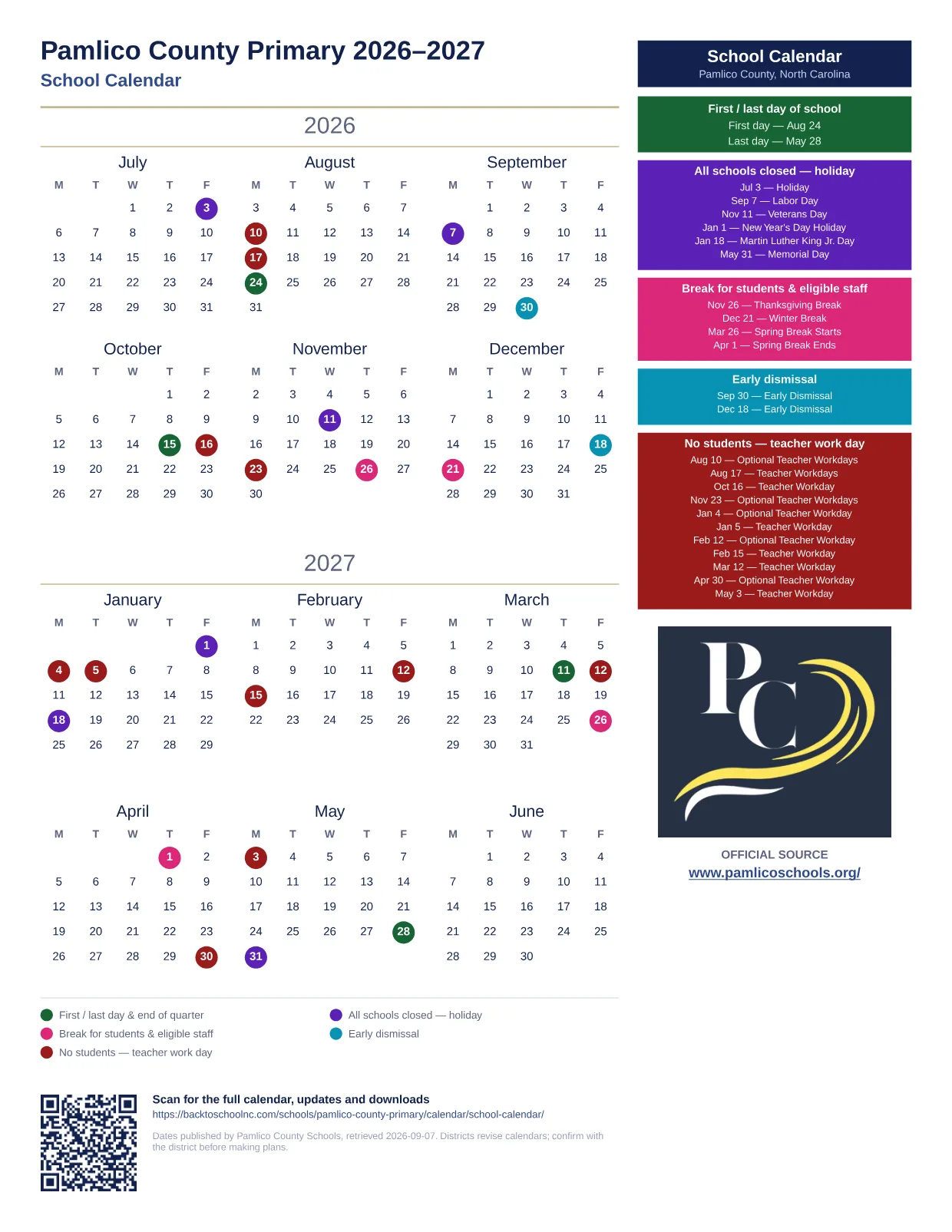 Pamlico County Primary 2026–2027 printable calendar