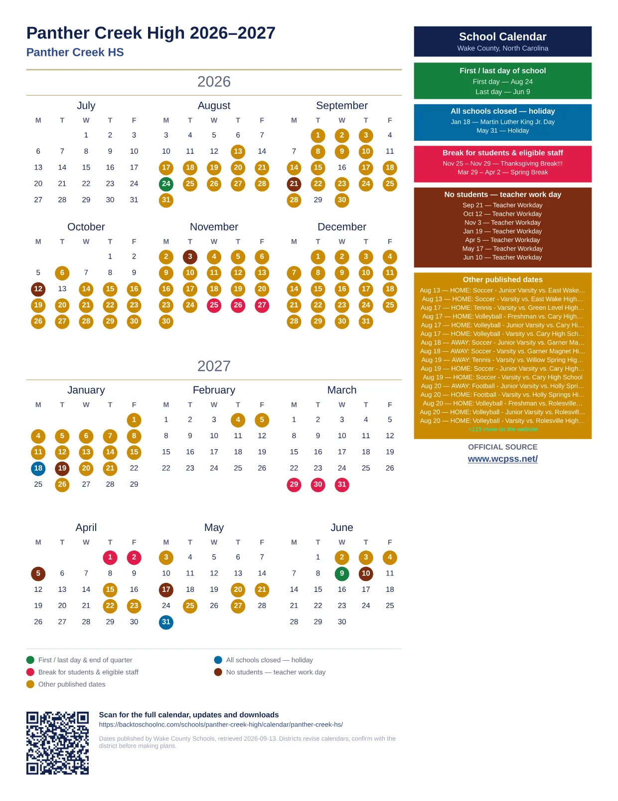 Panther Creek High 2026–2027 printable calendar