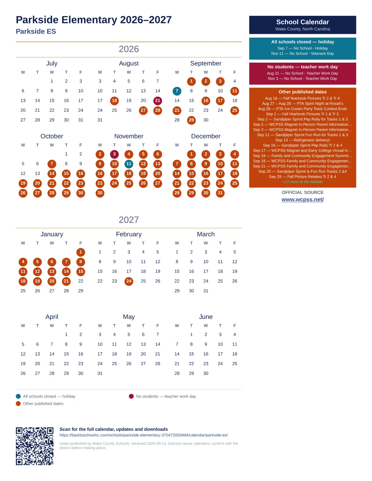 Parkside Elementary  printable calendar