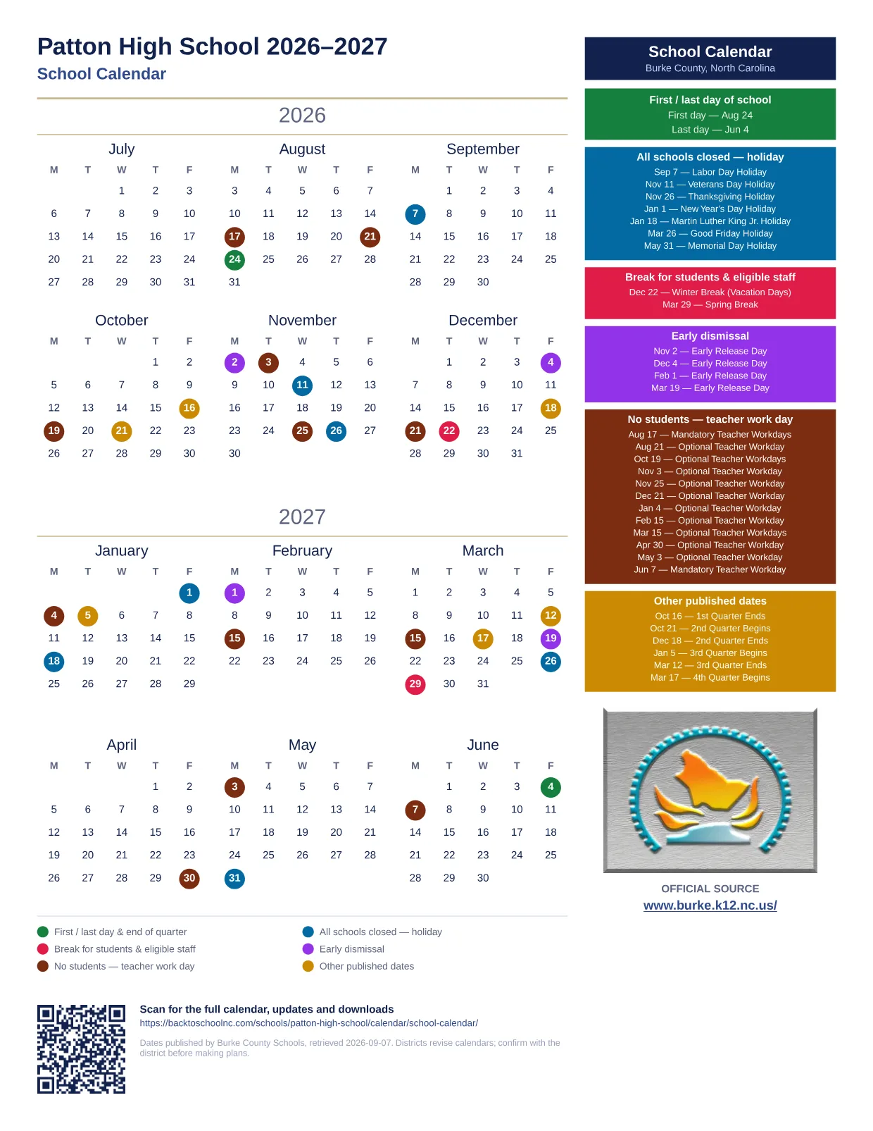 Patton High School 2026–2027 printable calendar