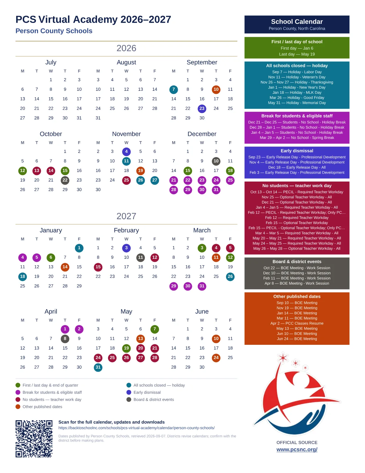 PCS Virtual Academy 2027–2028 printable calendar